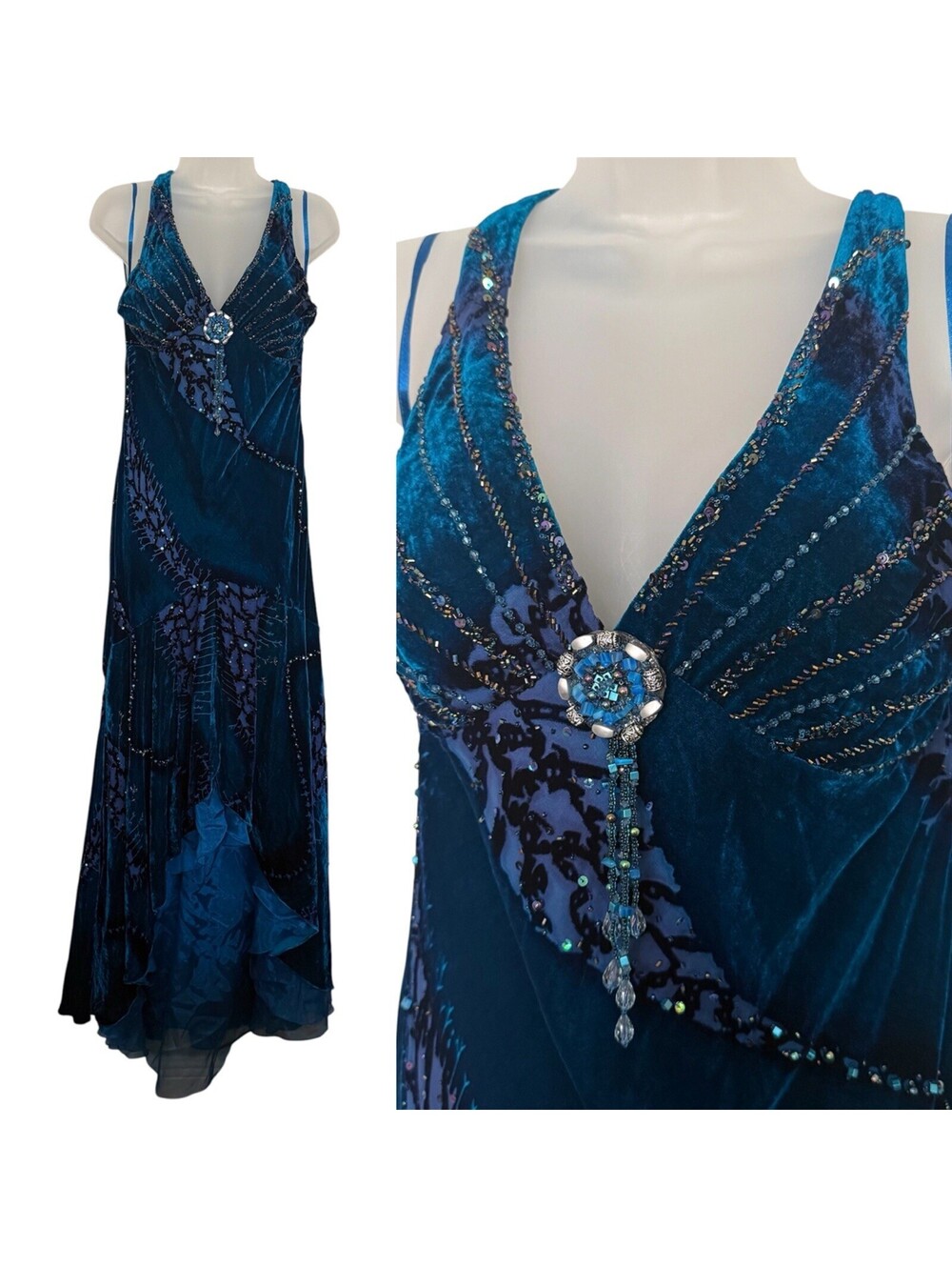 Sue Wong Rare Velvet Chiffon Beaded Blue Layered Long Gown Dress Size 12